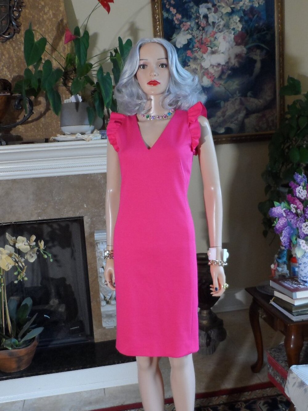 New Akris Punto Hot Pink Ruffle Shoulder Sheath Dress Size US 4